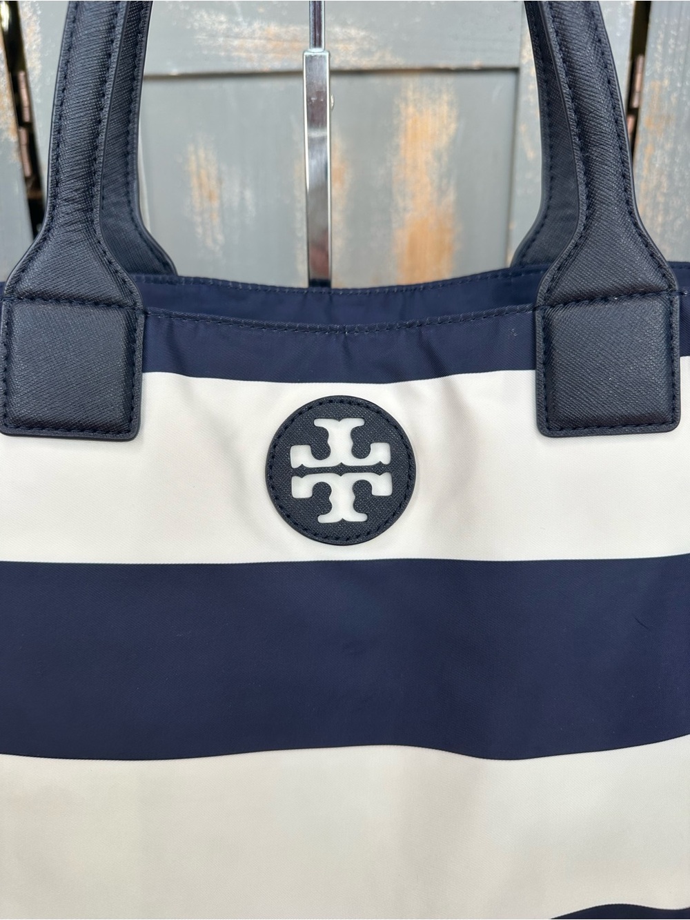 Tory Burch Ella Packable Nylon Tote Navy Bar Stripe - Picture 2 of 16